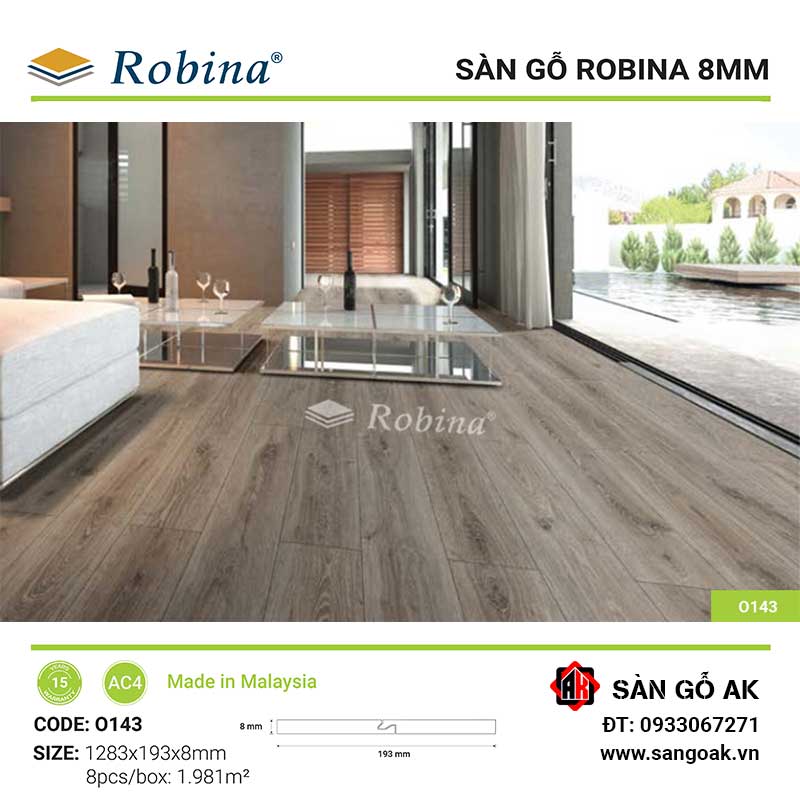 Sàn Gỗ Công Nghiệp Malaysia Robina 8mm O143 Bản Lớn