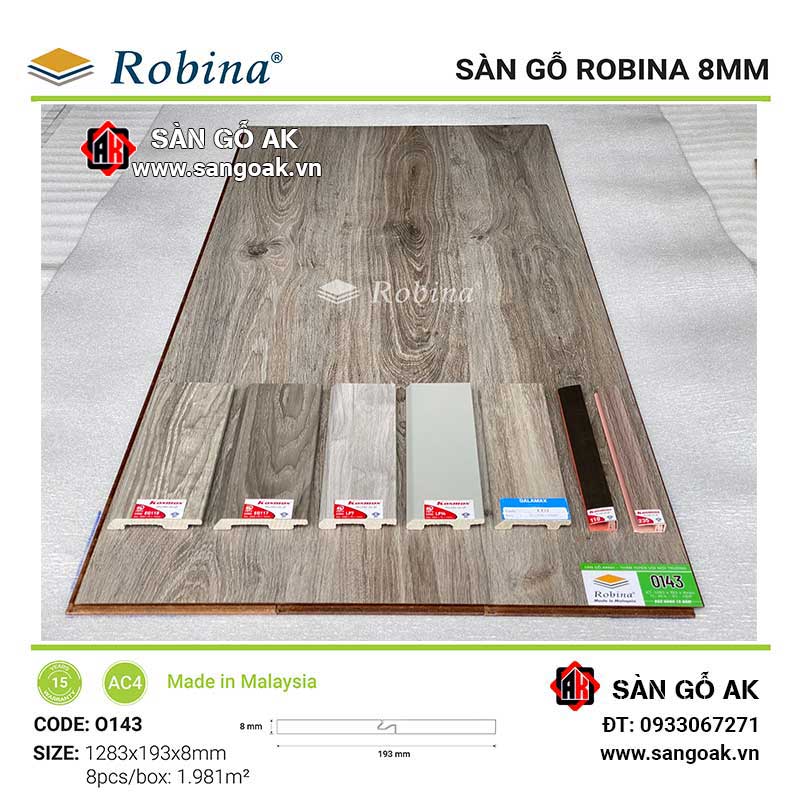 Sàn Gỗ Công Nghiệp Malaysia Robina 8mm O143 Bản Lớn