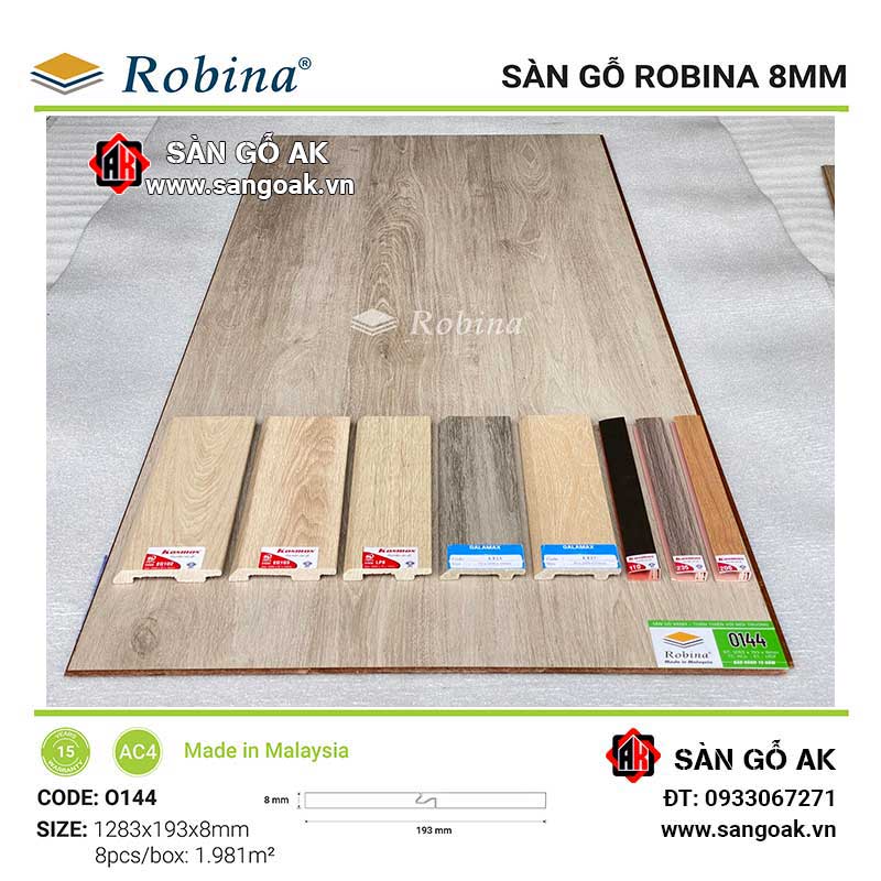 Sàn Gỗ Công Nghiệp Malaysia Robina 8mm O144 Bản Lớn