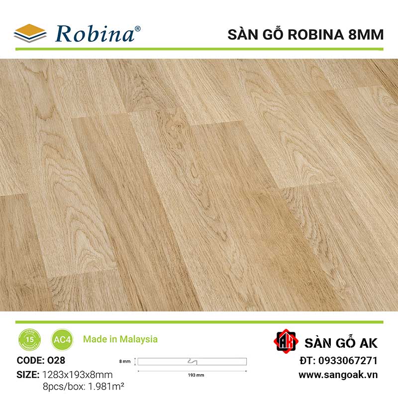 Sàn Gỗ Công Nghiệp Malaysia Robina 8mm O28 Bản Lớn