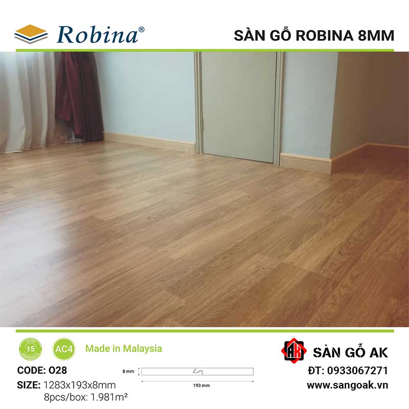 Sàn Gỗ Công Nghiệp Malaysia Robina 8mm O28 Bản Lớn