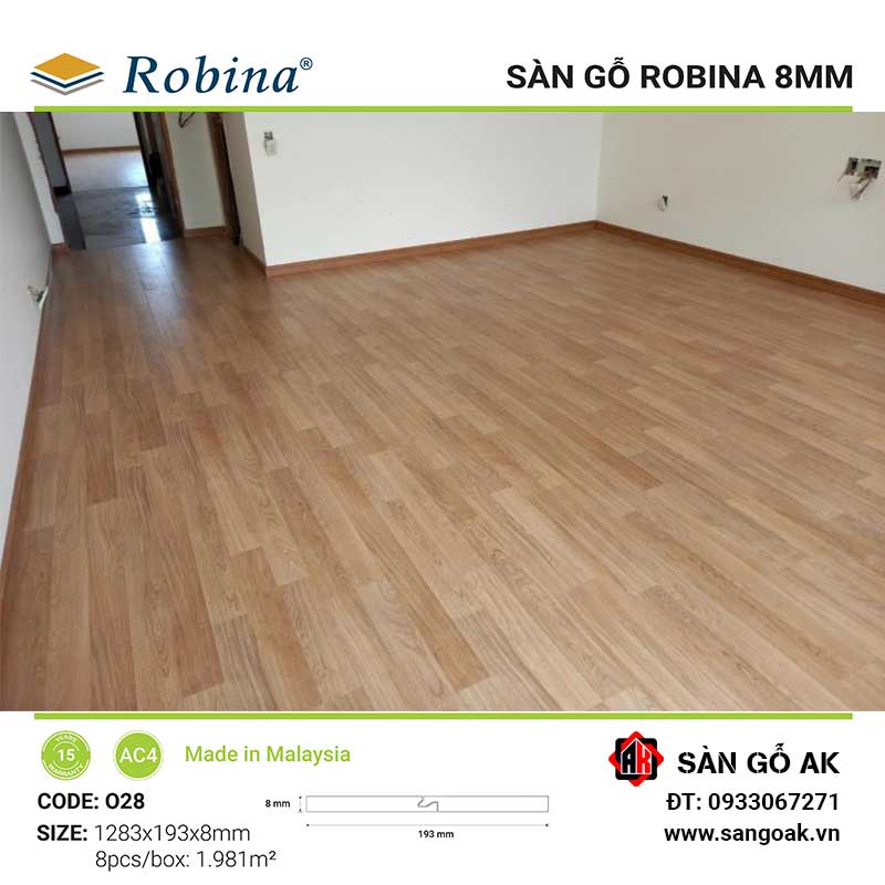 Sàn Gỗ Công Nghiệp Malaysia Robina 8mm O28 Bản Lớn