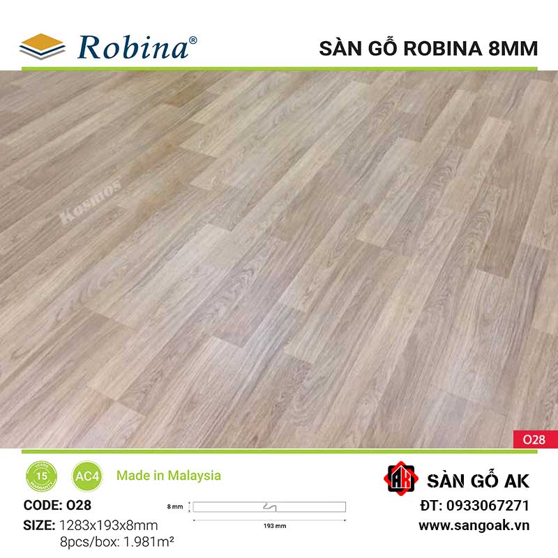 Sàn Gỗ Công Nghiệp Malaysia Robina 8mm O28 Bản Lớn