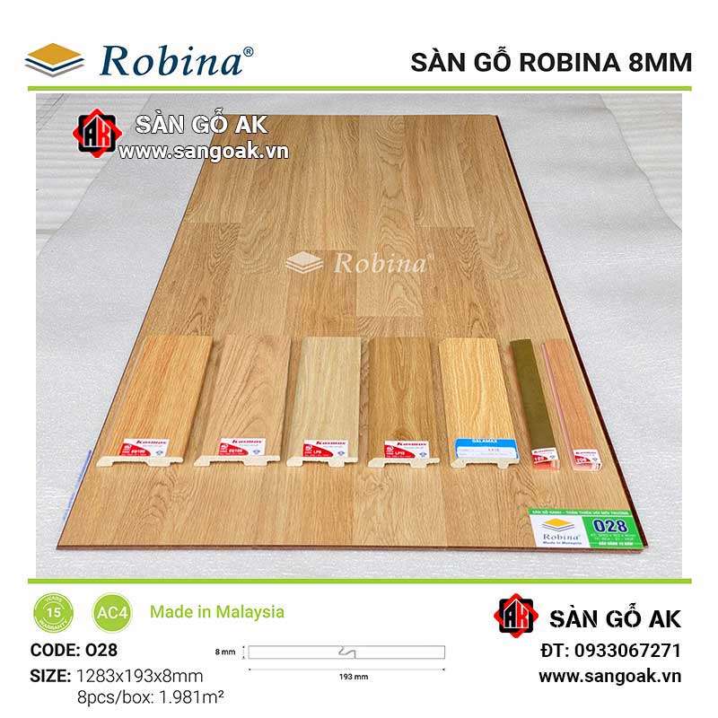 Sàn Gỗ Công Nghiệp Malaysia Robina 8mm O28 Bản Lớn