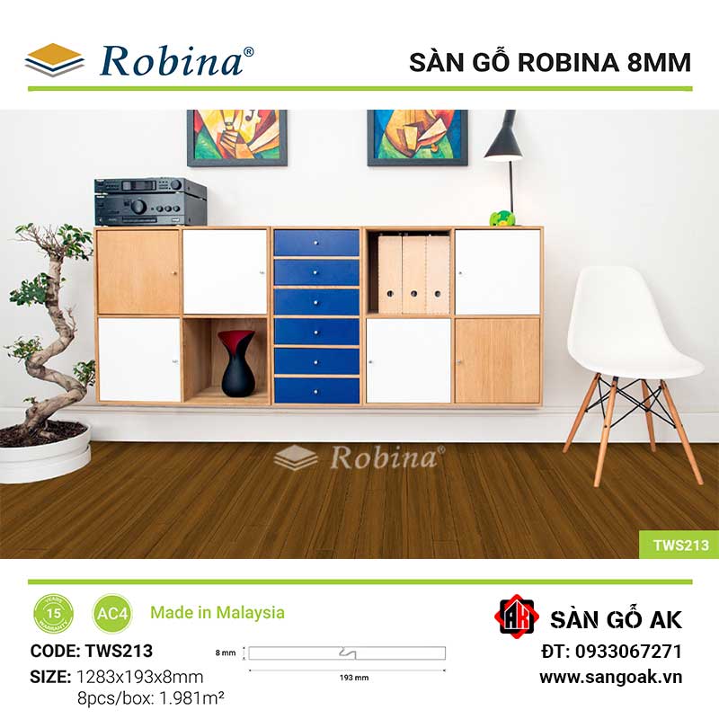 Sàn Gỗ Công Nghiệp Malaysia Robina 8mm TWS213 Bản Lớn