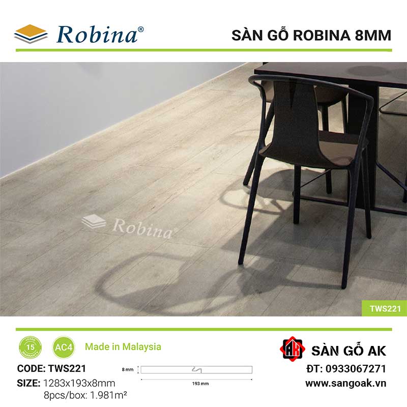 Sàn Gỗ Công Nghiệp Malaysia Robina 8mm TWS221 Bản Lớn