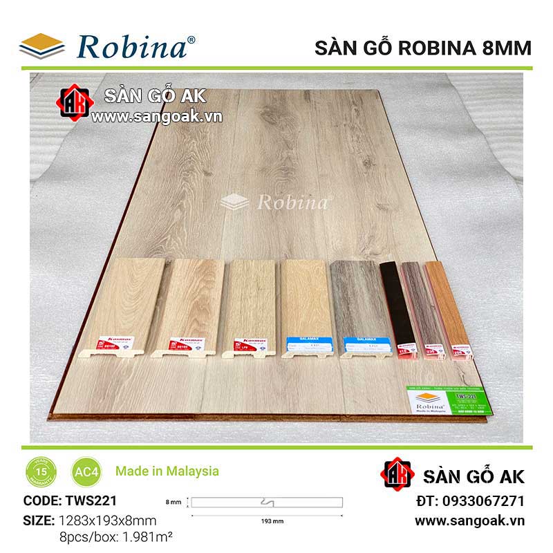 Sàn Gỗ Công Nghiệp Malaysia Robina 8mm TWS221 Bản Lớn