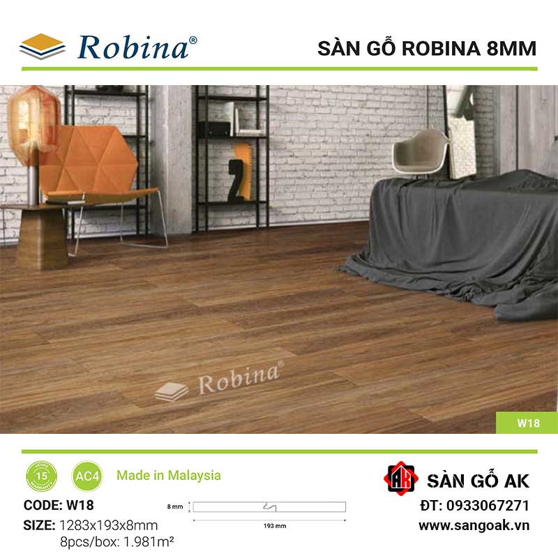 Sàn Gỗ Công Nghiệp Malaysia Robina 8mm W18 Bản Lớn