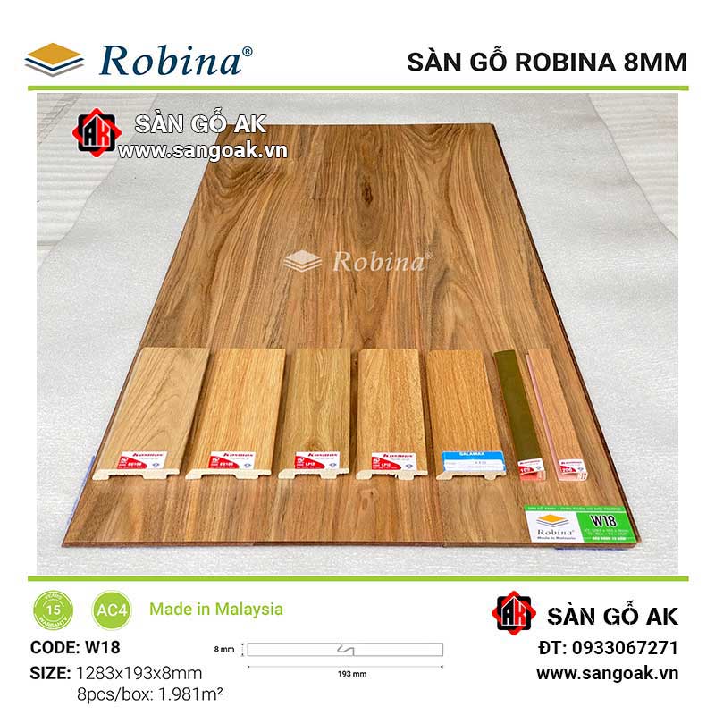 Sàn Gỗ Công Nghiệp Malaysia Robina 8mm W18 Bản Lớn