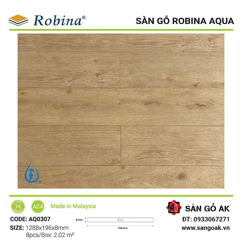 Sàn Gỗ Công Nghiệp Malaysia Robina Aqua 8mm AQ0307