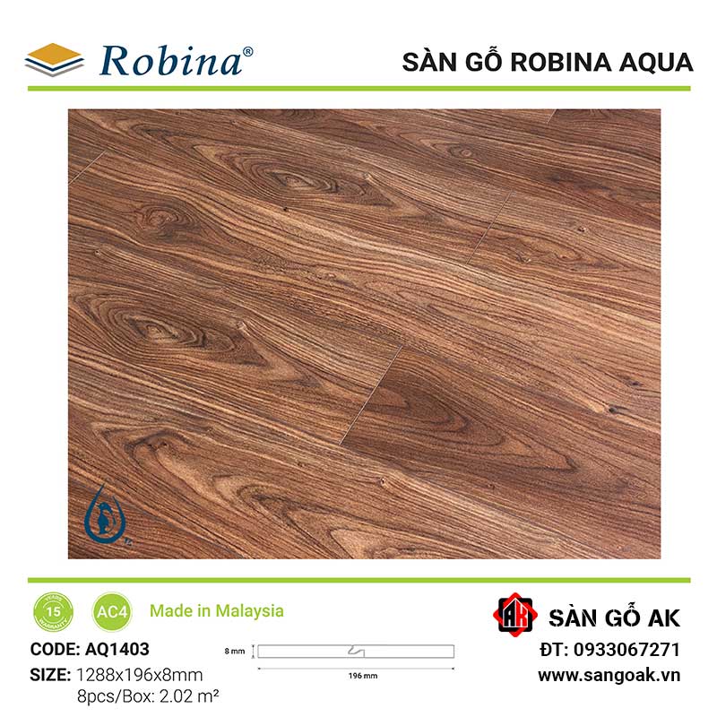 Sàn Gỗ Công Nghiệp Malaysia Robina Aqua 8mm AQ1403