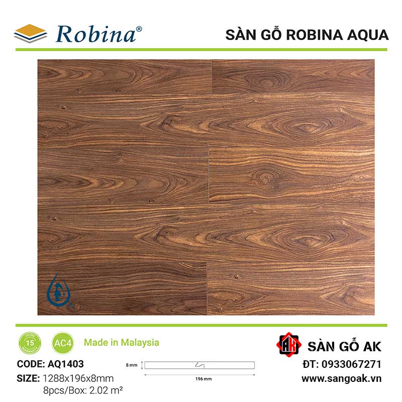 Sàn Gỗ Công Nghiệp Malaysia Robina Aqua 8mm AQ1403