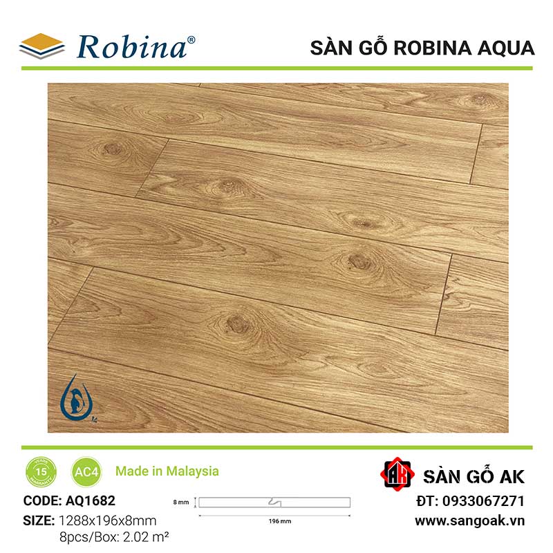Sàn Gỗ Công Nghiệp Malaysia Robina Aqua 8mm AQ1682
