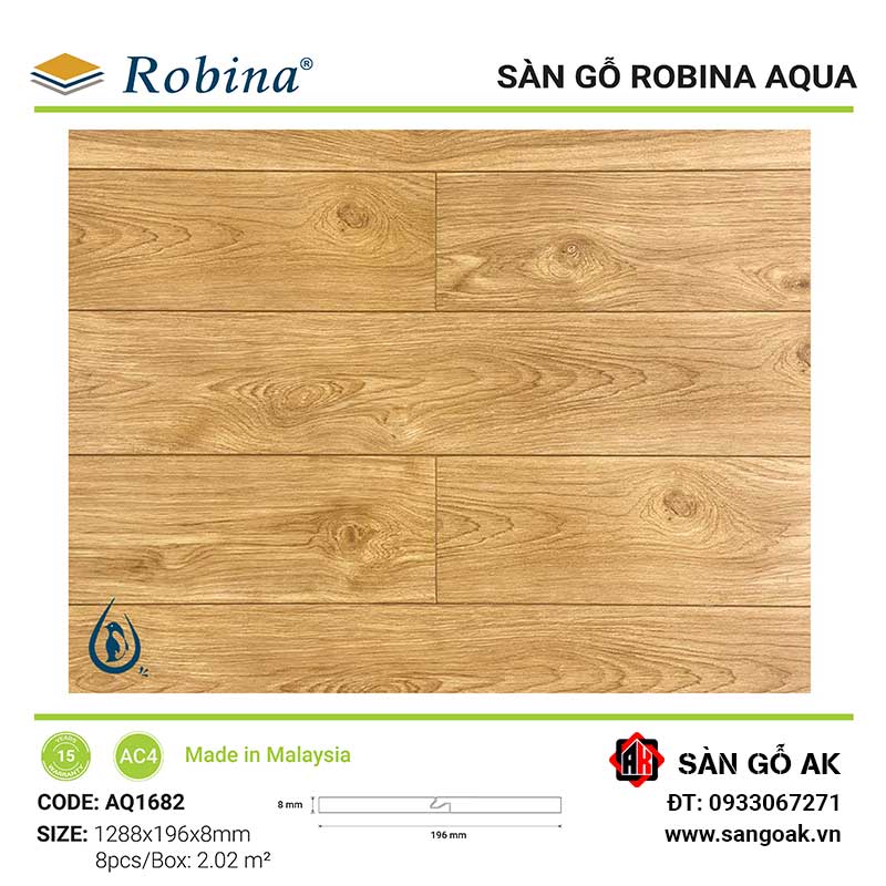 Sàn Gỗ Công Nghiệp Malaysia Robina Aqua 8mm AQ1682