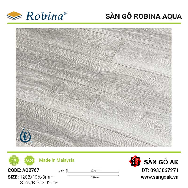 Sàn Gỗ Công Nghiệp Malaysia Robina Aqua 8mm AQ2767