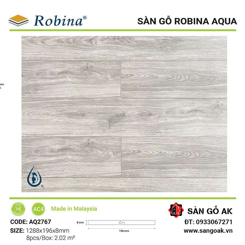 Sàn Gỗ Công Nghiệp Malaysia Robina Aqua 8mm AQ2767