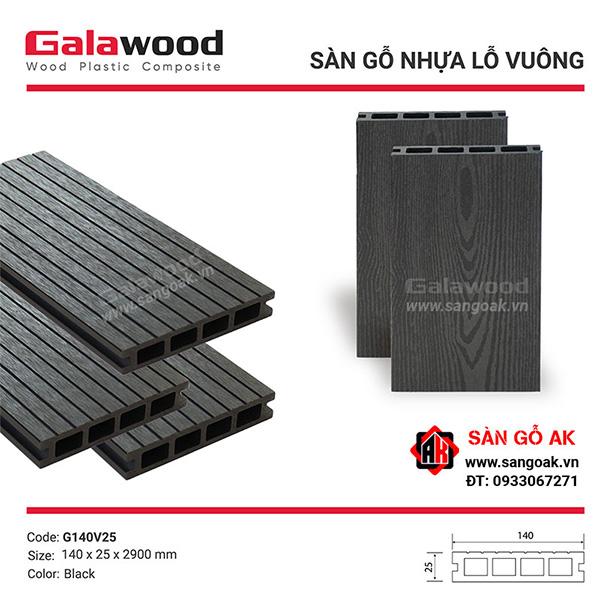 Sàn gỗ nhựa ngoài trời Galawood lỗ vuông G140V25 Black