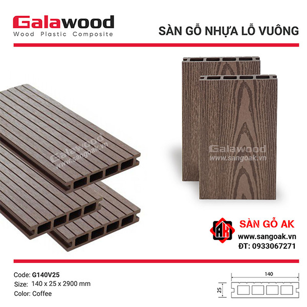 Sàn gỗ nhựa ngoài trời Galawood lỗ vuông G140V25 Coffee