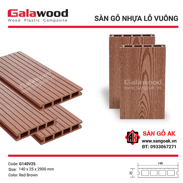 Sàn gỗ nhựa ngoài trời Galawood lỗ vuông G140V25 Red Brown