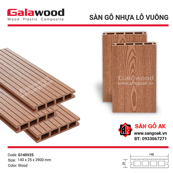 Sàn gỗ nhựa ngoài trời Galawood lỗ vuông G140V25 Wood