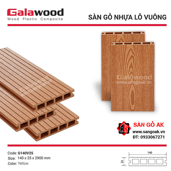 Sàn gỗ nhựa ngoài trời Galawood lỗ vuông G140V25 Yellow