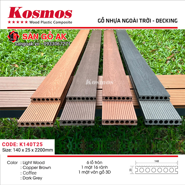 Sàn gỗ nhựa ngoài trời Kosmos lỗ tròn K140T25X2.2M Dark Grey