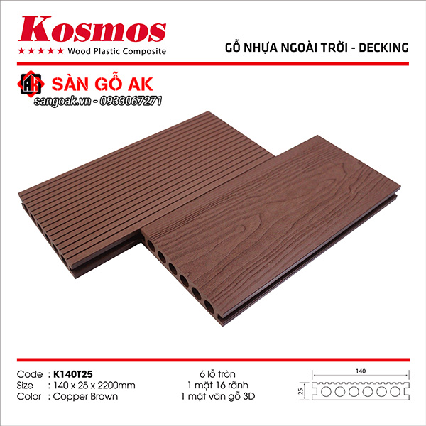 Sàn gỗ nhựa ngoài trời Kosmos lỗ tròn K140T25X2.2M Copper Brown