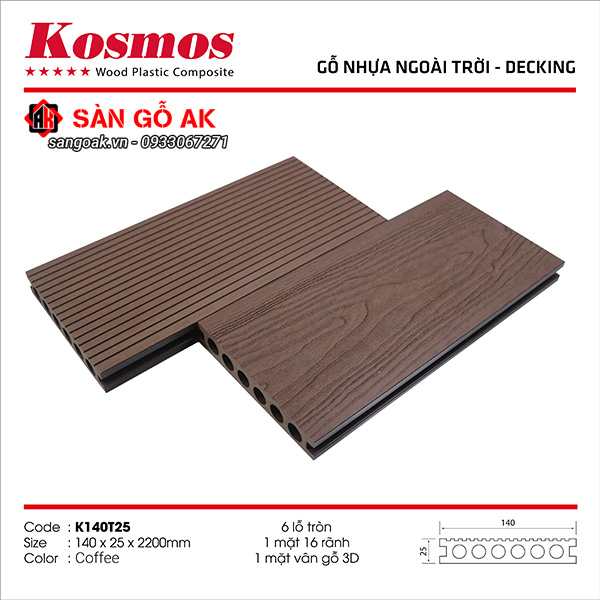 Sàn gỗ nhựa ngoài trời Kosmos lỗ tròn K140T25X2.2M Coffee