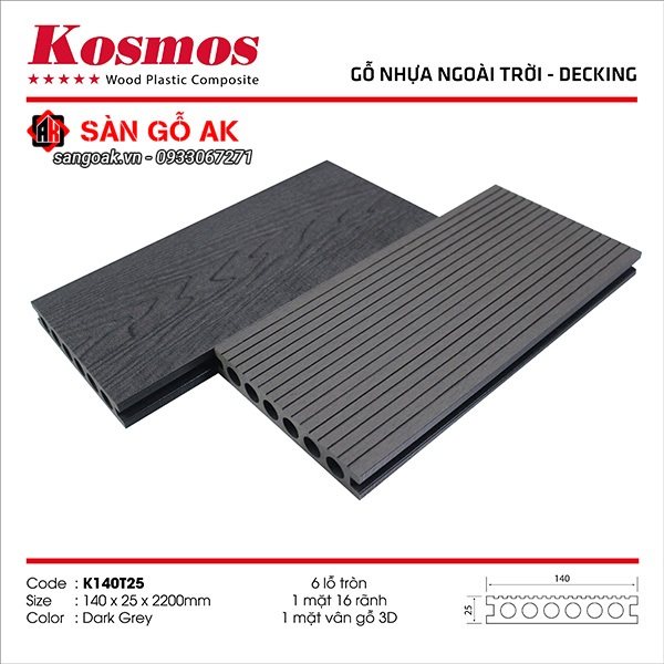 Sàn gỗ nhựa ngoài trời Kosmos lỗ tròn K140T25X2.2M Dark Grey