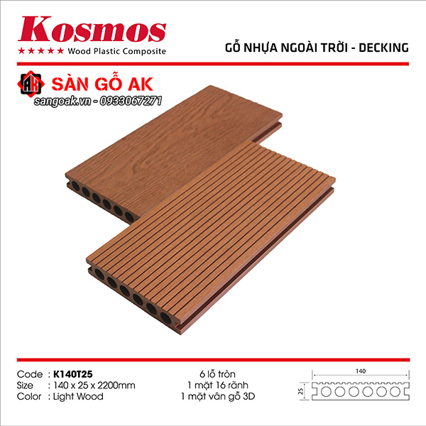 Sàn gỗ nhựa ngoài trời Kosmos lỗ tròn K140T25X2.2M Light Wood