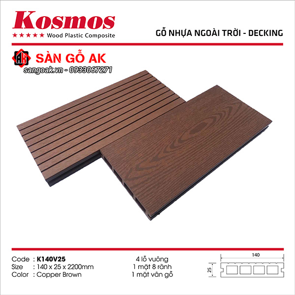 Sàn gỗ nhựa ngoài trời Kosmos lỗ vuông K140V25X2.2M Copper Brown