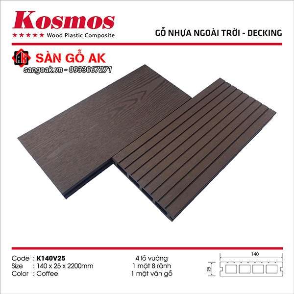 Sàn gỗ nhựa ngoài trời Kosmos lỗ vuông K140V25X2.2M Coffee
