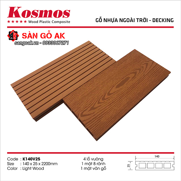 Sàn gỗ nhựa ngoài trời Kosmos lỗ vuông K140V25X2.2M Light Wood