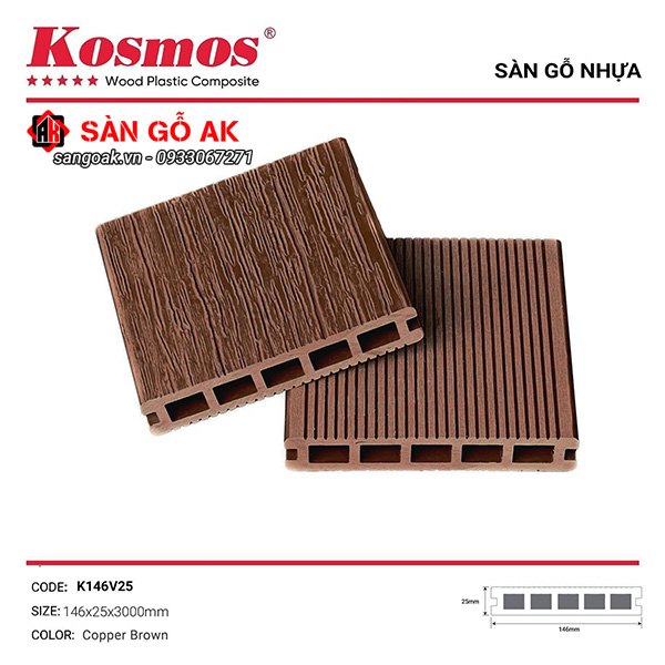 Sàn gỗ nhựa ngoài trời Kosmos lỗ vuông K146V25X3M Copper Brown