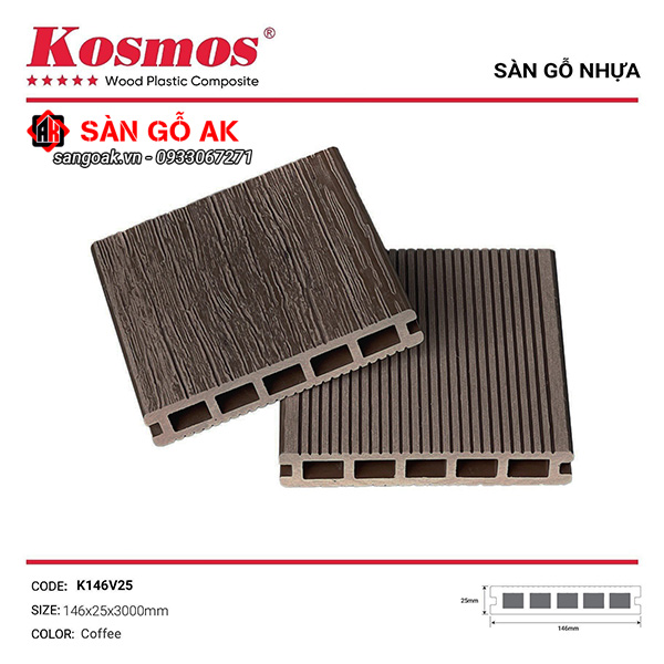 Sàn gỗ nhựa ngoài trời Kosmos lỗ vuông K146V25X3M Coffee