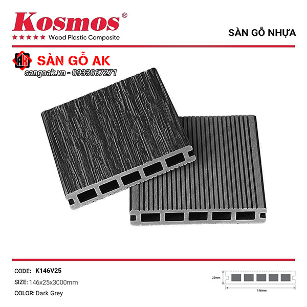 Sàn gỗ nhựa ngoài trời Kosmos lỗ vuông K146V25X3M Dark Grey