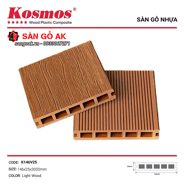 Sàn gỗ nhựa ngoài trời Kosmos lỗ vuông K146V25X3M Light Wood