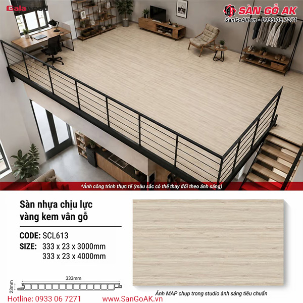 Sàn nhựa chịu lực gác lửng Galawood SCL613 vân gỗ vàng kem