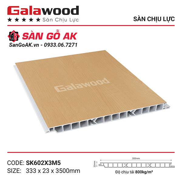 Sàn nhựa chịu lực gác lửng Galawood SK602 vân gỗ sồi vàng đậm
