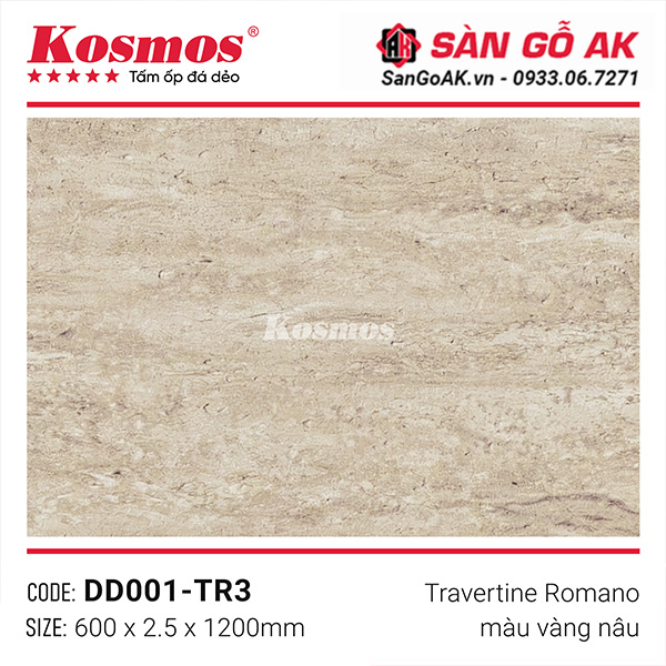 Tấm ốp đá dẻo Kosmos DD001-TR3 vân đá Travertine Romano vàng nâu