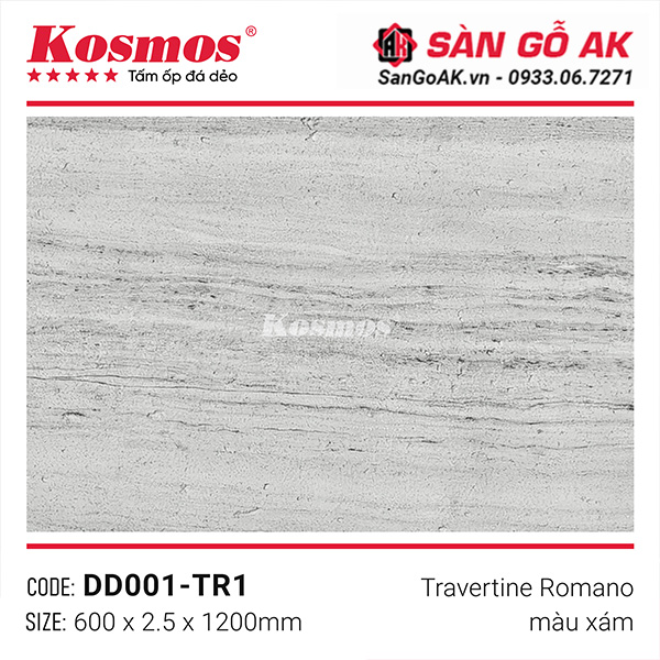 Tấm ốp đá dẻo Kosmos DD001-TR1 vân đá Travertine Romano xám
