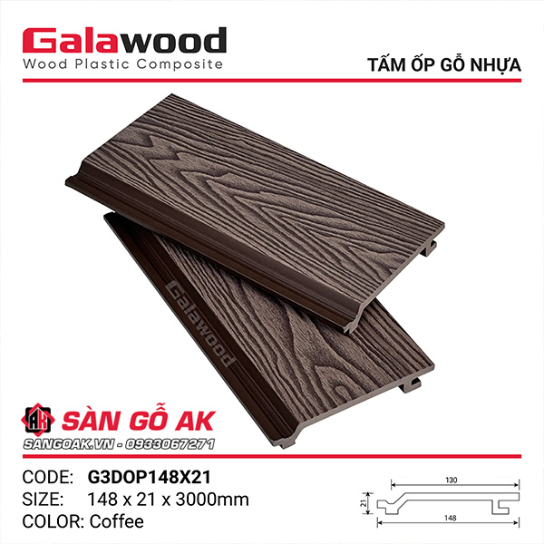 Tấm ốp gỗ nhựa ngoài trời Galawood G3DOP148X21 Coffee vân gỗ 3D 
