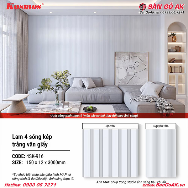 Tấm ốp lam 4 sóng thấp Kosmos 4SK-916 màu trắng vân giấy