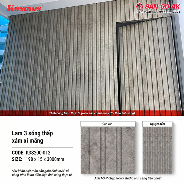 Tấm ốp nhựa lam 3 sóng thấp Kosmos K3S200-012 xám xi măng