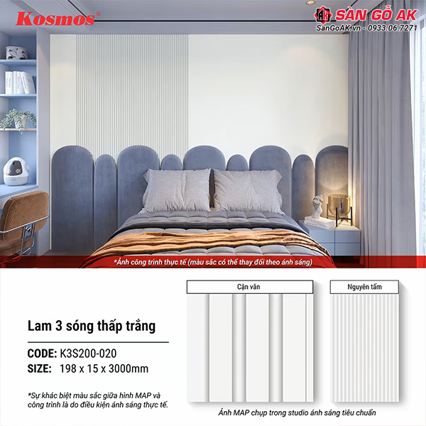 Tấm ốp nhựa lam 3 sóng thấp Kosmos K3S200-020 màu trắng