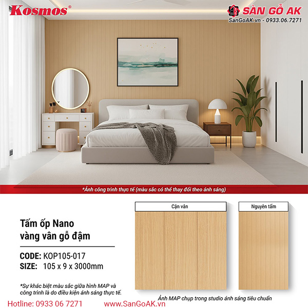 Tấm ốp Nano bản nhỏ Kosmos KOP105-017 vân gỗ sồi vàng đậm