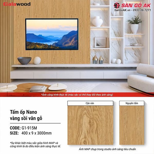 Tấm ốp Nano Galawood G1-915M vân gỗ sồi vàng