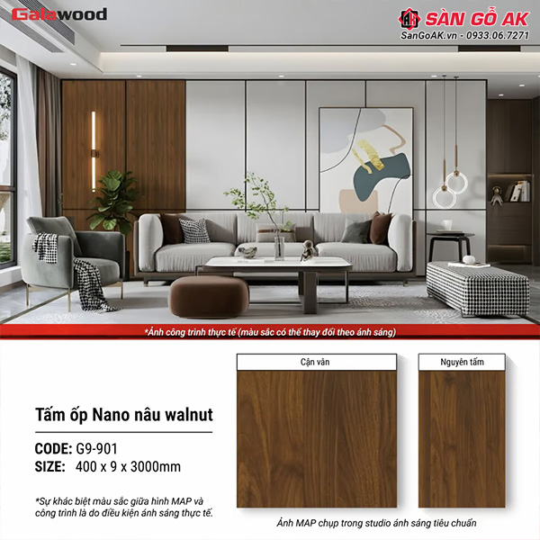 Tấm ốp Nano Galawood G9-901 vân gỗ nâu óc chó