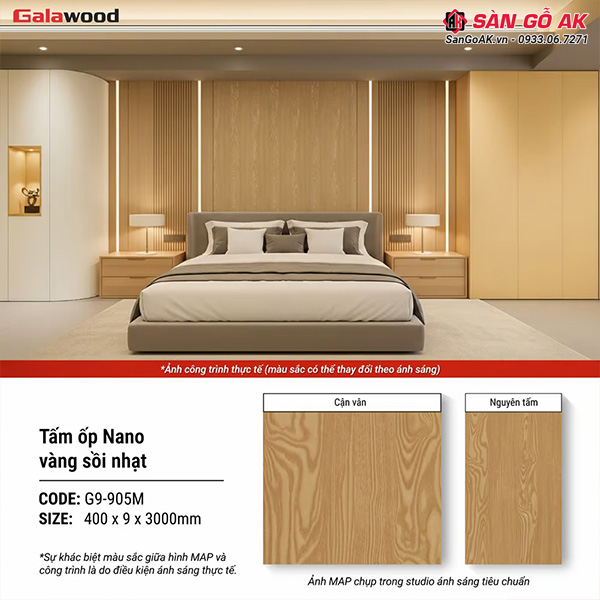 Tấm ốp Nano Galawood G9-905M vân gỗ sồi vàng nhạt