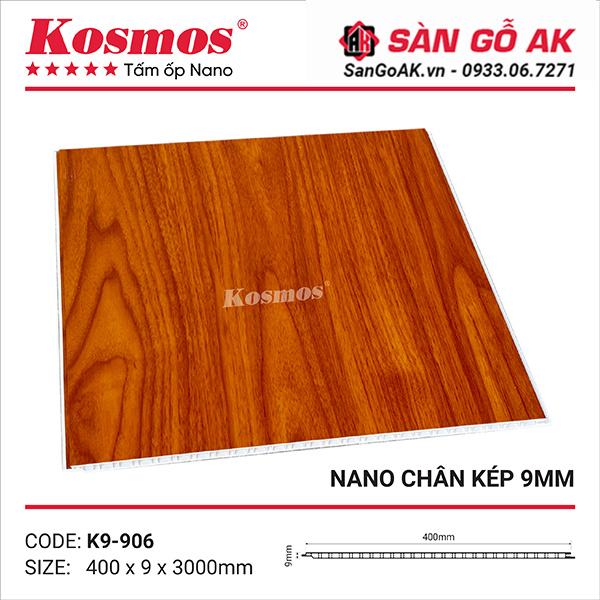 Tấm ốp Nano chân kép 9mm Kosmos K9-906 vân gỗ đỏ cam